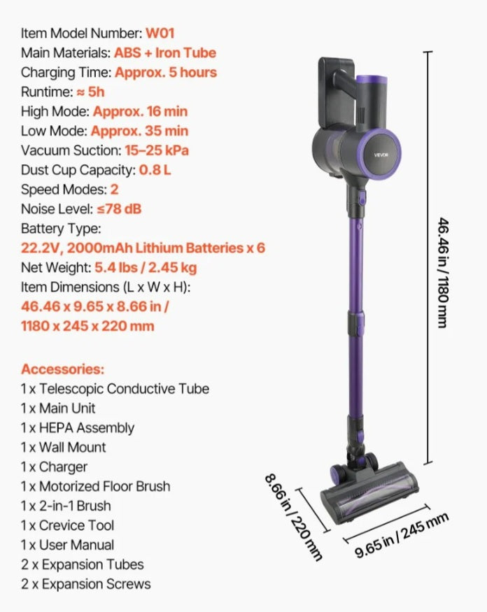 Vevor Vacuum Cleaner Cordless Stick Vacuum 25 kPa Max Suction for Pet Hair Carpet Hardwood New